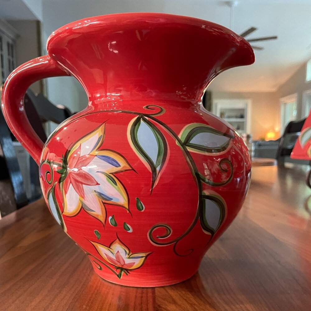 Southern Living Pitcher. Red, Green, Light Blue